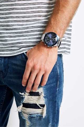Stalen Quartz Horloge Zilverkleurig en Blauw