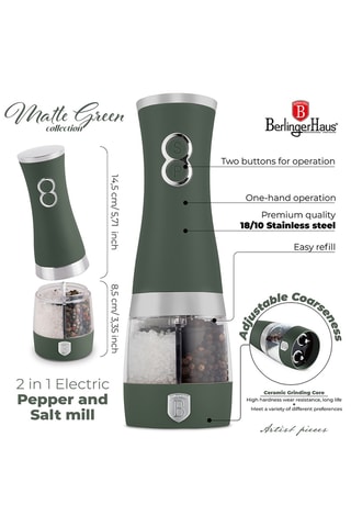 Moulin à poivre et sel électrique 2-en-1 en acier inoxydable et céramique Matte Green