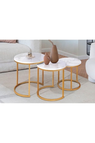 3 tables basses gigognes rondes Glam - Effet marbre et doré