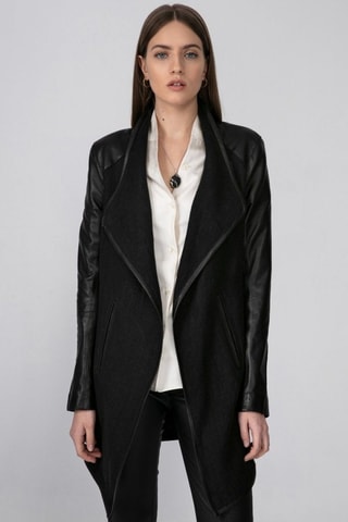 Manteau en cuir d'agneau et en laine - Noir
