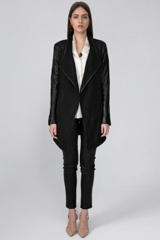 Manteau en cuir d'agneau et en laine - Noir