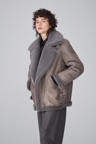 Manteau en peau lainée de mouton - Gris