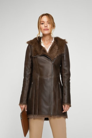 Manteau à capuche en peau lainée de mouton - Marron