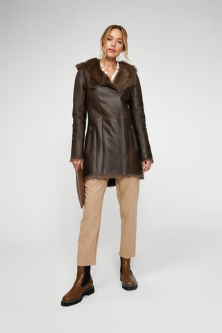Manteau à capuche en peau lainée de mouton - Marron