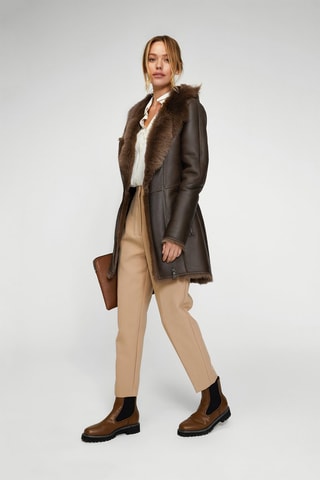 Manteau à capuche en peau lainée de mouton - Marron