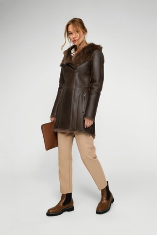 Manteau à capuche en peau lainée de mouton - Marron