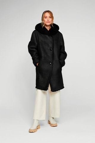 Manteau en peau lainée de mouton à capuche - 
Noir