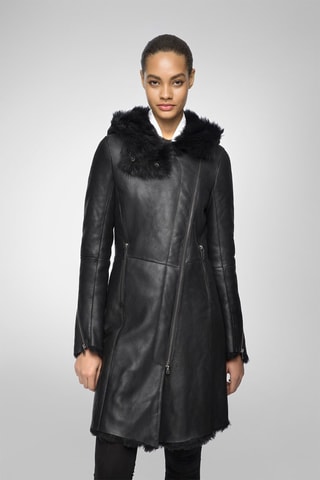 Manteau à capuche en peau lainée de mouton - Noir