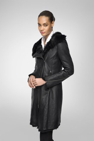 Manteau à capuche en peau lainée de mouton - Noir