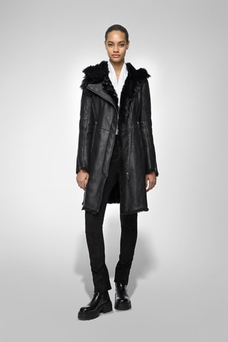 Manteau à capuche en peau lainée de mouton - Noir