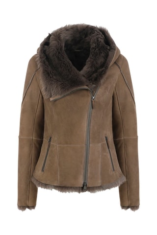 Veste à capuche en peau lainée de mouton - Marron