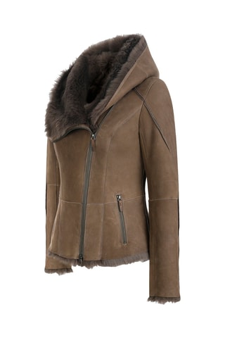 Veste à capuche en peau lainée de mouton - Marron