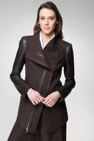 Veste en cuir d'agneau et en laine - Marron