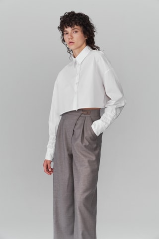 Pantalon large en laine taille haute - Beige