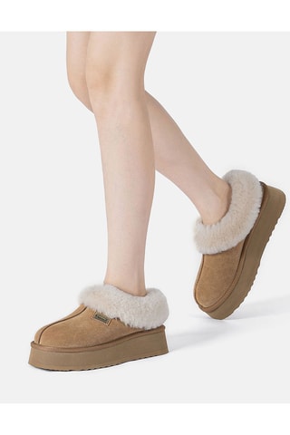 Chinelos de quarto forrados com plataforma em nobuck Topknot - Castanho-claro