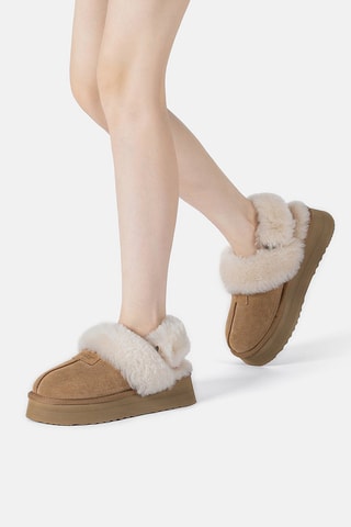 Pantufas forradas com plataforma em nobuck Fantail - Castanho-claro