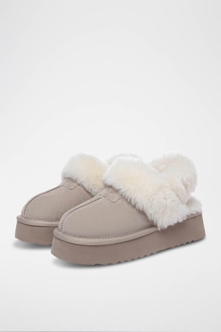 Pantufas forradas com plataforma em nobuck Fantail - Bege
