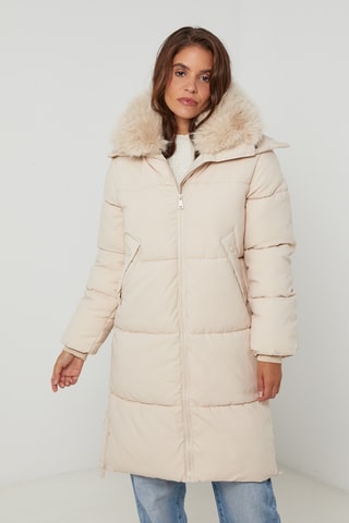 Lange gewatteerde jas met capuchon - Beige