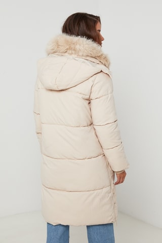 Lange gewatteerde jas met capuchon - Beige