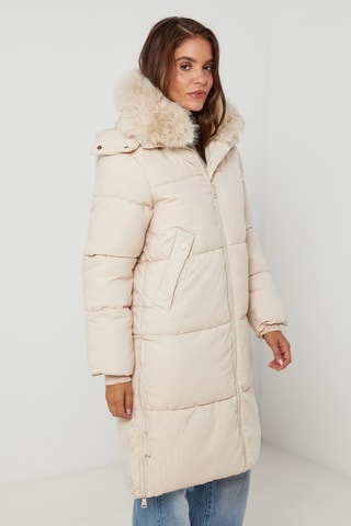 Lange gewatteerde jas met capuchon - Beige
