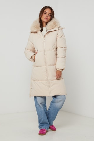 Lange gewatteerde jas met capuchon - Beige