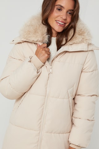 Lange gewatteerde jas met capuchon - Beige