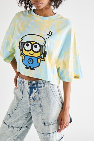 Cropped T-shirt Tie and Dye Minions - Blauw
