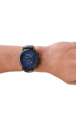 Leren Quartz Horloge - Stopwatch - Zwart en Blauw