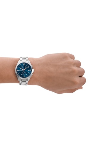 Stalen Quartz Horloge - Tachymeter en Chronograaf - Zilverkleurig en Marineblauw