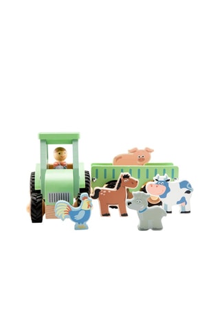 Houten Tractor met Aanhangwagen en 5 Dieren - Vanaf 18 Maanden