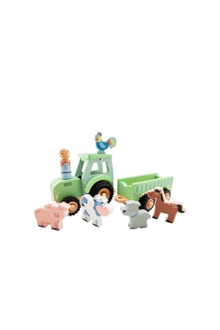 Houten Tractor met Aanhangwagen en 5 Dieren - Vanaf 18 Maanden