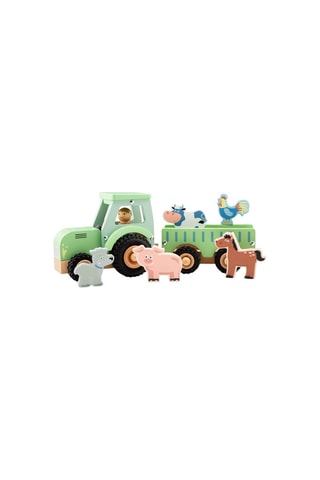 Houten Tractor met Aanhangwagen en 5 Dieren - Vanaf 18 Maanden