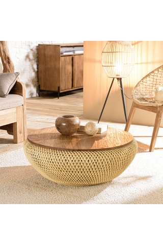 Table basse en rotin beige et teck recyclé Sixtine - 81 x 32 x 81 cm