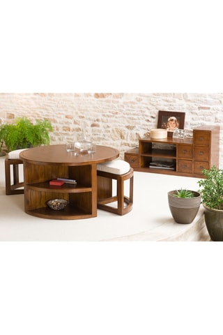 Table basse et 2 tabourets en bois de mindi - 90 x 50,7 x 90 cm