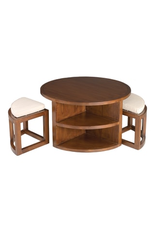 Table basse et 2 tabourets en bois de mindi - 90 x 50,7 x 90 cm