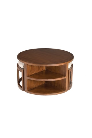 Table basse et 2 tabourets en bois de mindi - 90 x 50,7 x 90 cm