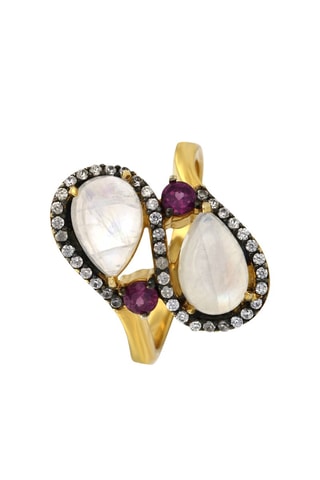 Bague - Argent plaqué or jaune et noir et rhodolites