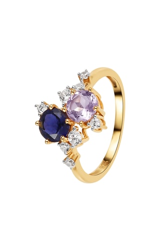 Bague - Argent plaqué or jaune, améthyste et lolite