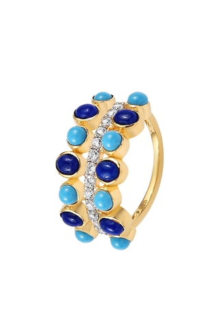 Bague - Argent plaqué or jaune, lapis-lazulis et turquoises
