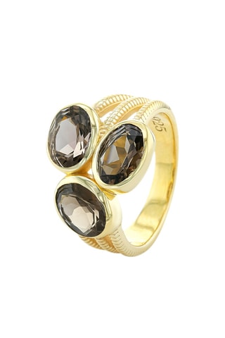Bague - Argent plaqué or jaune et quartz fumé