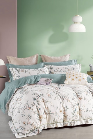 Parure de couette réversible en percale de coton 80 fils/cm² - Blanc et sauge