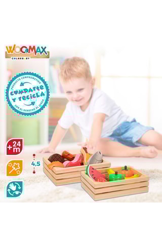 2 caisses et aliments du marché en bois - 11 pièces - Dès 24 mois
