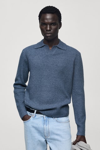 Pull-over polo maille structure quadrillée - Bleu porcelaine