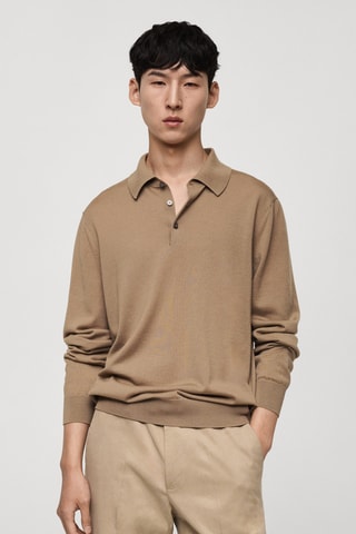 Polo 100 % laine mérinos manches longues - Sable
