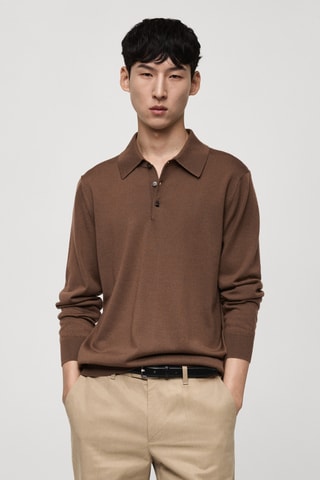 Polo 100 % laine mérinos manches longues - Marron
