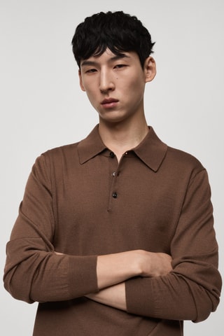Polo 100 % laine mérinos manches longues - Marron