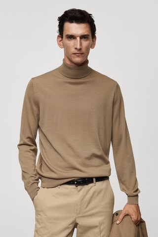 Pull-over 100 % laine mérinos col montant - Sable