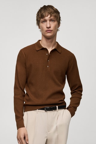 Pull-over polo coton mélangé maille côtelée - Café