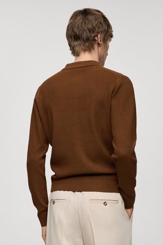 Pull-over polo coton mélangé maille côtelée - Café