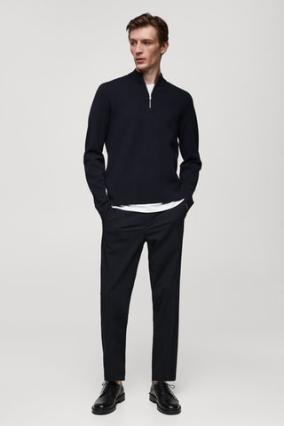 Pull-over maille moyenne col montant zippé - Bleu marine
